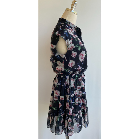 REBECCA MINKOFF Floral A Line Floral Mini Dress Black Rose Tiered Skirt XS - Picture 9 of 14